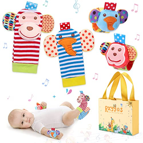 RXYYOS 4Pcs Bébé Poignet et Chaussettes Hochet Jouets Ensemble Poignet de Bell Strap hochets et Chaussettes Pied Finder Animal Bébé Chaussettes De Pied avec Jouet (Style 3)