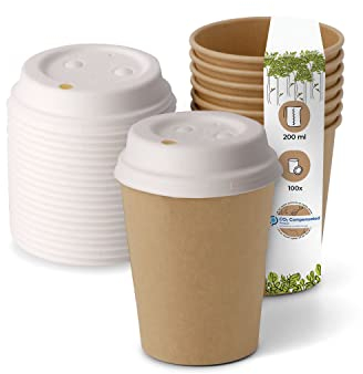 BIOZOYG 100 Stück Kompostierbare Bio Einweg Becher inkl. Pappdeckel I Einmalbecher Getränkebecher Wegwerfbecher Papierbecher I Coffee to go Pappbecher braun ungebleicht 200 ml 8 oz