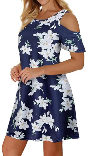 Misyula Style Womens Summer Cold Shoulder Floral Flowy T-Shirt Dress with Pockets, A-lily, XL