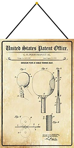 DekoDrom® Blechschild 20 x 30 cm US Patent Tischtennis Schläger Sport Hobby historisches Motiv mit Kordel zum Aufhängen Wand Deko Sammler Geschenk