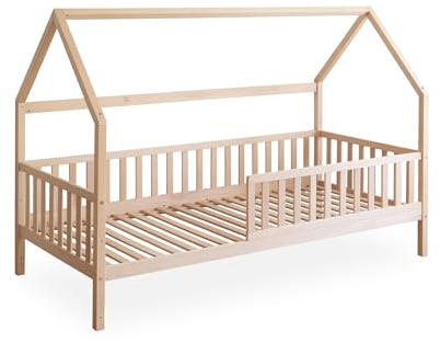 Ehrenkind® Hausbett Buche | FSC Zertifiziert | Kinderbett mit Rausfallschutz | höhenverstellbar Massivholz inkl. Lattenrost | Kinder Bett | Hausbett 200x90 | Natur