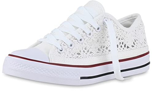 VAN HILL Damen Sneaker Low Bequeme Schuhe Flache Schnürer Spitze Freizeitschuhe Stoff Schnürschuhe Stoffschuhe 212515 Weiss 40