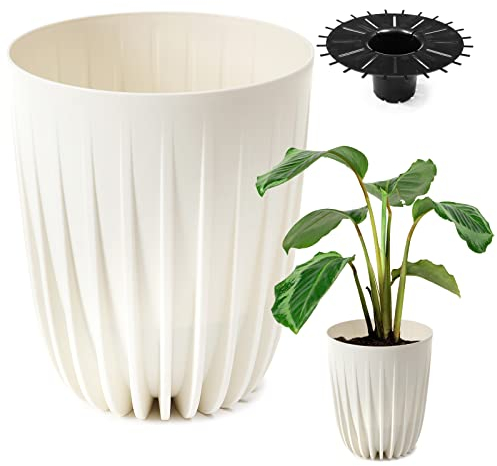 Konzept 11 - Macetero alto de 30 cm de diámetro, maceta grande para exteriores, balcón, maceta con maceta blanca