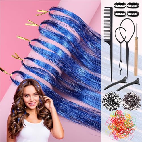 Huiguli Hair Tinsel Glitzer Haare 120cm Glitzersträhnen air Tinsel Lametta Haarverlängerung mit Werkzeug 1100 Strands Haarsträhnen zum Flechten # Blau