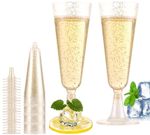 CYEER 30 Flute da Champagne in Plastica con Glitter Dorati, 150ml Bicchierini per Champagne, Calici da Vino Riutilizzabili Calice pezzi bicchieri oro usa e getta di Plastica per Feste, Matrimoni