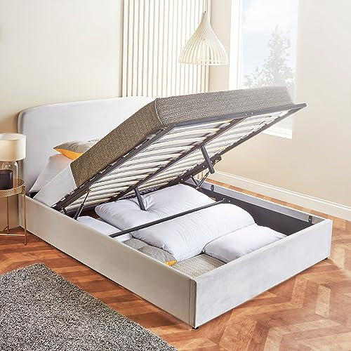 Home Treats Double Ottoman Bed Frame With Storage | 4ft6 Upholstered Velvet Lift Up Bed With Hybrid Mattress (135 x 190 cm, Hybrid Mattress)