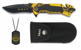 Cuchilleria Deportiva ALBAINOX - 19433 Navaja Modelo SWAT. Mango de Aluminio. Hoja 8.1 cm. Funda de Nylon. Incluye Chapa. Herramienta para Caza, Pesca, Camping, Outdoor, Supervivencia y Bushcraft