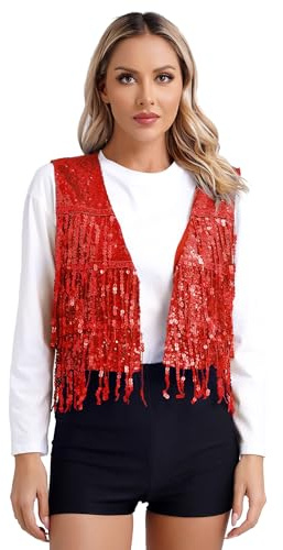 iiniim Damen Pailletten Weste Glitzer Ärmellos Anzugweste Fransen Jacke Mantel Quasten Tanzjacke Karneval Fasching Tanzkostüm A Rot M