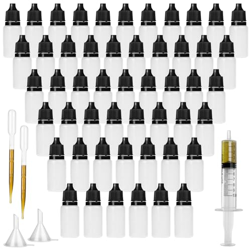 DONQL 50 PCS Plastic Dropper Bottles - 10ml Empty Squeezable Eye & Paint Dropper Bottles with 10ml Syringe, 2 Funnels, 2 Pipette & 2 Label