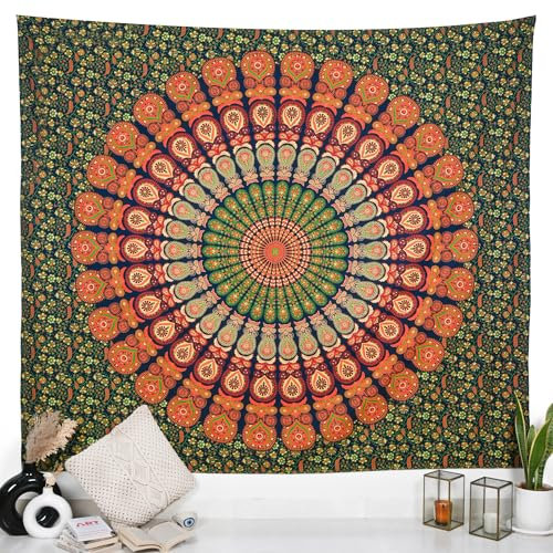 Indischer goldgrüner Mandala-Wandteppich, Wandbehang, 228,6 x 213,4 cm, Pfau, Hippie-Wandteppiche, Hippie-Strandüberwurf, College-Wohnheim-Dekoration, Bohemian-Boho-Bettlaken
