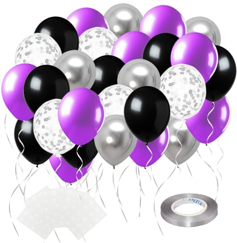 ZSHENJK Palloncini in lattice viola, nero, argento, 60 pezzi, 30,5 cm, palloncini viola, coriandoli, palloncini neri per compleanni, matrimoni, lauree, anniversari, Halloween, mercoledì decorazioni