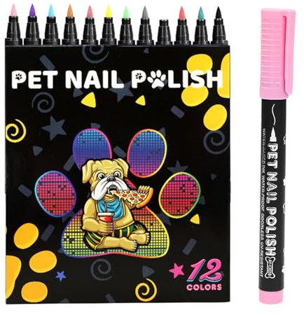 12Pcs Pet Nail Art Pen Set 12 Color Dog Nail Polish Pen Pet Nail Drawing Painting Brush Pen Fast Drying Easy to Remove Pet Nail Art Brush