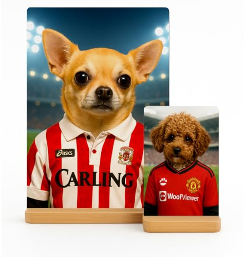 Personalised Pet Portrait Dog Football Gift From Photo Desktop Picture Frame With Bamboo Stand Custom Memorial Keepsake A4