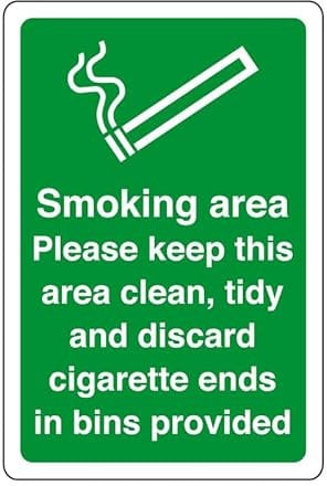 Smoking area please keep this area clean, tidy and discard cigarette ends in bins provided - safety sign - 1.2mm Rigid plastic for indoor/outdoor usage (200mm x 150mm) Viewing Distance within 5m.
