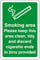Smoking area please keep this area clean, tidy and discard cigarette ends in bins provided - safety sign - 1.2mm Rigid plastic for indoor/outdoor usage (200mm x 150mm) Viewing Distance within 5m.