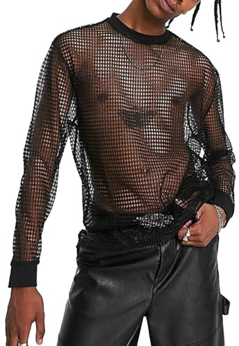 Tynver Camiseta De Manga Larga De Rejilla Negra Para Hombre Camiseta De Rejilla Negra De Manga Larga Camisetas Interiores Party Club Festival Gym(black,XL)