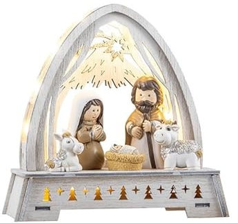 DRW Misterio Nacimiento Resina con Portal Blanco de Madera 15x15 cm