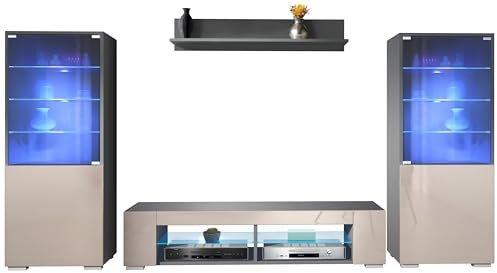 Vladon Wohnwand Nevada V2, Anbauwand bestehend aus 2 Vitrinen, 1 TV-Board und 1 Wandregal Anthrazit matt/Sandgrau Hochglanz inkl. LED Beleuchtung (304,5 x 141 x 39 cm)