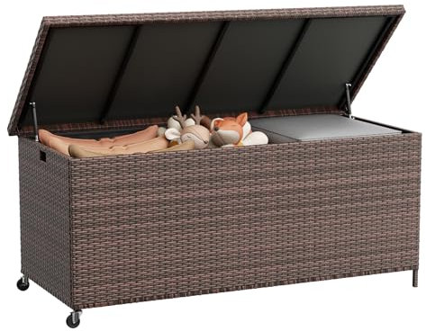 UDPATIO Gartenbox Wasserdicht,Aufbewahrungsbox Garten,Auflagenbox Terrasenbox mit 480L,Kissenbox Outdoor mit Deckel,Gasdruckfedern und Zwei Radern,Braun