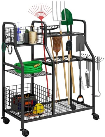 CStern Carro Herramientas Jardín con Ruedas,3 Niveles Organizador Garaje | metal resistente, 4 ruedas con 2 frenos, ganchos para herramientas largas, 91x41x93 cm, para jardín taller sótano