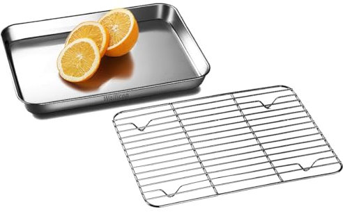 Teglia da Forno 2-in-1 in Acciaio Inossidabile 304 con Griglia di Raffreddamento - Vassoio da Forno per Cuocere e Arrostire + Griglia per Raffreddare gli Alimenti - 23.7x17.7x3cm
