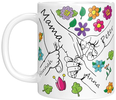LIEBTASTISCH - Personalisierte Tasse für Mama oder Oma - Geschenk zum Muttertag, Geburtstag, Weihnachten, von Enkelkinder - Bis zu 6 Kinder (Blumen)