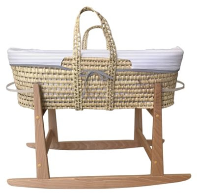 Couffin en osier naturel pour bébé avec base en bois, fabriqué à la main, matelas inclus, style nordique, rayures grises