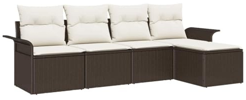 vidaXL 5-teiliges Garten-Sofaset mit Kissen, Outdoor-Möbel, verstellbares modulares Design, braun und weiß, wetterfest, Lounge, Patiositz, Rattan-Couch, Terrasse, Garten, Sektional