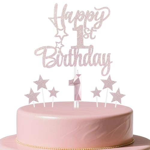 mciskin Rose Gold 1st Birthday Candles Cake Toppers Set,1st Birthday Decorations for Girl,3D Number 1 Candle for Cake,Rose Gold Candles Star Cupcake Toppers for Girls Women Birthday Party Supplies
