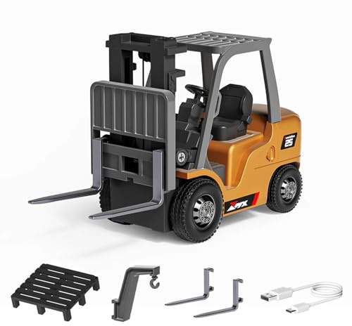 ExploTex Carrello elevatore in scala 1/64 telecomandato, 2,4 G Mini carrello elevatore, gancio di carico funzionante e forchette, accessori per pallet, modello da collezione per adulti