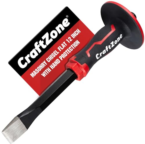 Masonry Chisel, Heavy Duty Flat End Rock Concrete Mortar Stone Brick Chisel with Protective Hand Guard for Breaking Carving Splitting Cutting Mason Tools (12-Inch)