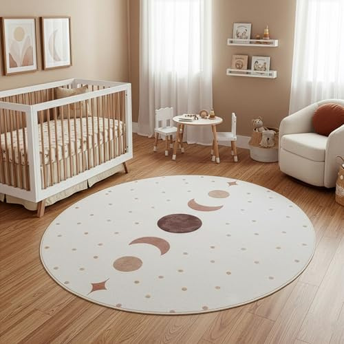 Carpetsale24 Kinderteppich Mondphasen rund 120 cm für Kinderzimmer in Creme mit Boho Design ideal für kleine Ruhebereiche