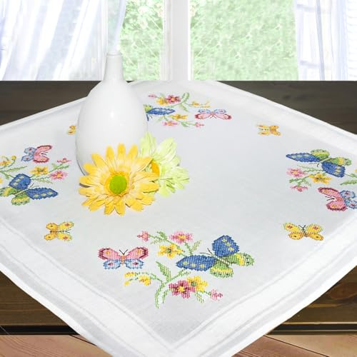 KAMACA Stickpackung Tischdecke 80x80 cm Kreuzstich-Set vorgedruckte Stickdecke inkl. Stickgarn Stickvorlage und Anleitung Stickset zum Selbersticken für Erwachsene (Schmetterlinge MD 80x80 cm)