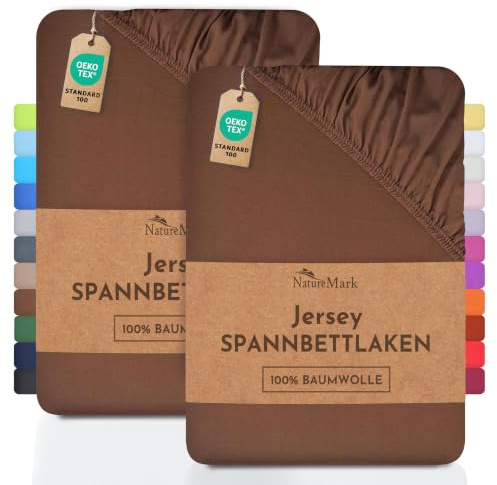 NatureMark 2er Pack Jersey Spannbettlaken, Spannbetttuch 100% Baumwolle in vielen Größen und Farben MARKENQUALITÄT ÖKOTEX Standard 100 | 200x220 cm +40 Steg - Schoko braun