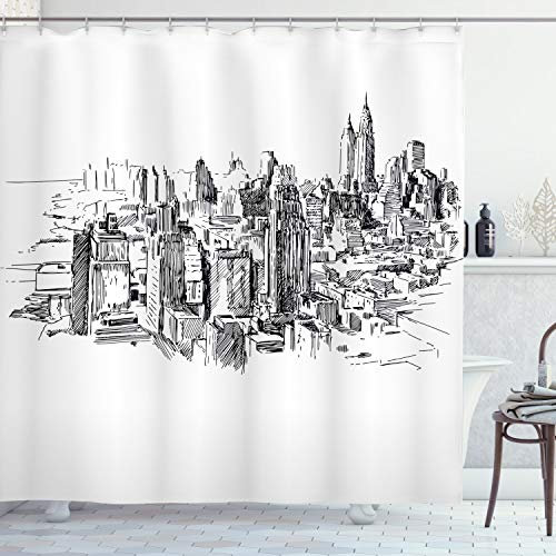 ABAKUHAUS New York Rideau de Douche, Sketch Historique NYC, Tissu Ensemble de Décor de Salle de Bain avec Crochets, 175 cm x 220 cm, Gris Blanc