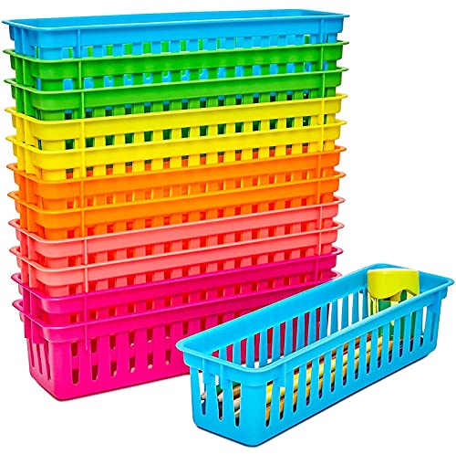 12 Pack Stationery Storage Baskets, Plastic Pen Holders in 6 Colours, 25 x 7 x 6 cm