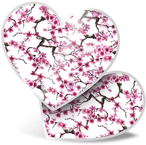 2 x Heart Stickers 7.5 cm - Pretty Cherry Blossom Tree Pink Flower Fun Decals for Laptops,Tablets,Luggage,Scrap Booking,Fridges, #8719