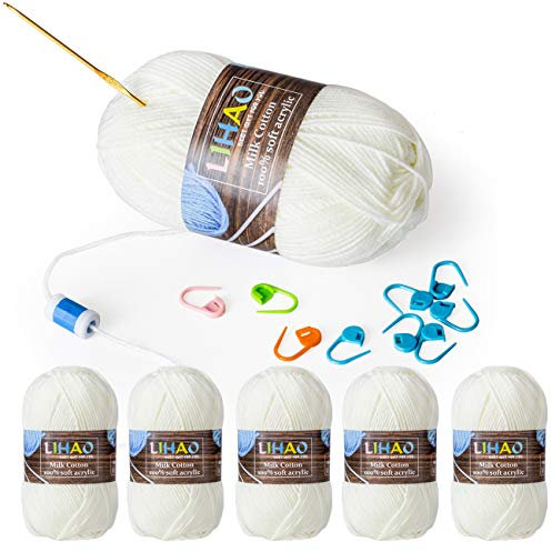 LIHAO 10 x 50g Crochet Yarn White Color Acrylic Cotton Knitting Yarn Set with Knitting Marker Needles Counter (160m/roll)
