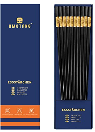 AMOTANG 5 Paia Bacchette in Fibra di Vetro, Bacchette Sushi Lavabili in Lavastoviglie con 'FU' Cinese Intagliato in Metallo, Nero e Oro, Bacchette Cinesi Antiscivolo e Riutilizzabili, 24cm - Oro 'FU'