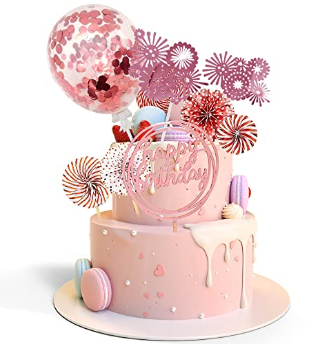 NiCoLa Birthday Cake Decoration 13 Pcs Cupcake Toppers with Rose Golden Paper Fans Confetti Balloon Stars Fireworks cake toppers for Rose Gold Theme Party Cake Toppers Kit Girl Boy (Rose Gold)