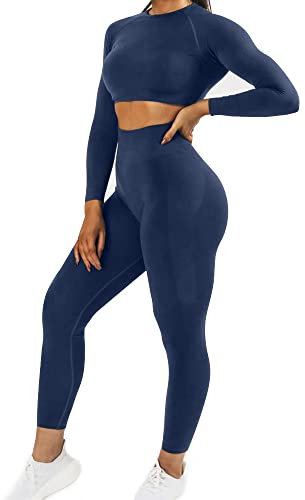 JN JANPRINT Damen Traingsanzug Sport Sets Sportanzüge Jogginganzug Langarm Sport Top und hohe Taille Hosen 2 Stücke Bekleidungssets Yoga Outfit Sportswear Gym Leggings Set(Tuxedo Blau,M)