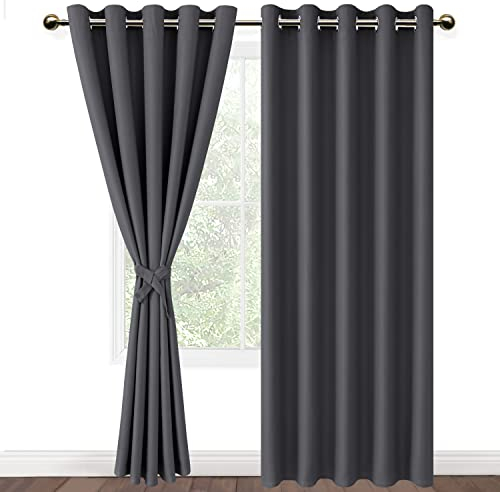DWCN Vorhang Blickdicht mit Vorhang Raffhalter Verdunkelungsgardinen mit Ösen 2 Stücke Thermogardine, Blackout Curtain Verdunkelung Thermovorhang, Dunkelgrau, 228x167cm(HxB)