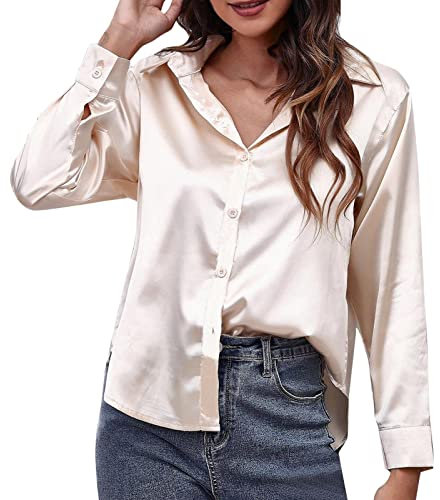 Chemise en satin pour femme en satin imitation soie Chemise à manches longues Frontière européenne et américaine du commerce extérieur Vêtements pour femmes Long chemisier blanc, Or rose, XXL