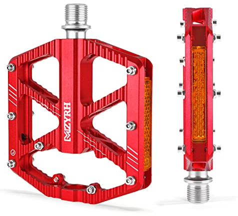 MZYRH Fahrradpedale mit reflektierenden Streifen, rutschfeste MTB-Pedale CNC-Aluminium-Legierung Fahrradpedale, 3 abgedichtete Lager 9/16 Zoll Pedale für Mountainbike, Rennrad, MTB(Rot)