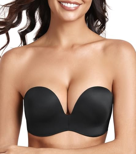 Lemorosy Push up Strapless Bra Women's Anti-Slip Invisible Seamless Wireless Lift Support(Black,36C)