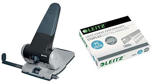 Leitz Extrastarker Registraturlocher aus Metall, Für 65 Blatt, Großer Locher für das Büro, schwarz, 51800095 & Power Performance Heavy-Duty Heftklammern P5, Verzinkt, Box mit 1000 Heftklammern