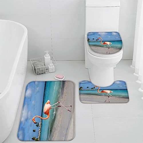 RLYXGS Flamingo Badematten Set 3 Teilig Sommerstrand rutschfest Saugfähiger Badezimmerteppich U-förmiger Kontur Teppich, WC-Deckel Waschbar Duschvorleger Badewanne Badaccessoires 40x60cm