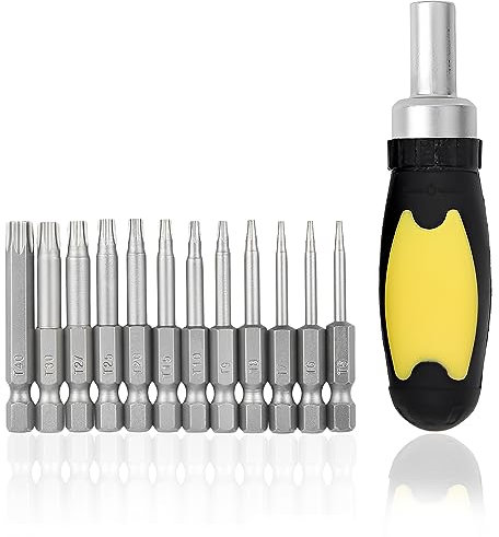 SuQurtom 12Pcs Torx Head Screwdriver Bit Sets, 50mm 1/4 Inch Hex Shank T5-T40 S2 Steel Screwdriver, Magnetic Star Torx Security Screwdriver Bits Set with 1 Pack of Handles