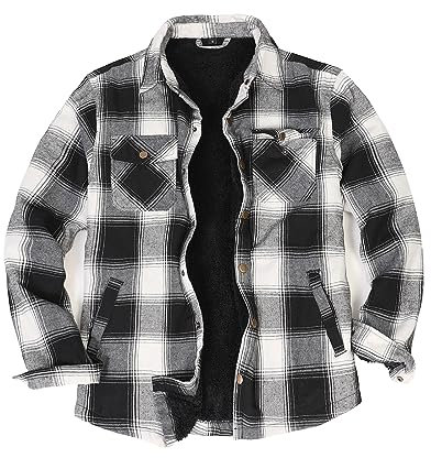 ZENTHACE Herren Sherpa gefüttert Flanell Jacke Fleece gefüttert Cpo Overshirt lässig Arbeit Plaid Flanelle Outdoor Blk-Weiß XL