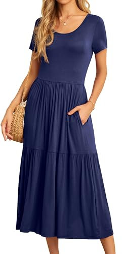 GRECERELLE Womens Summer Maxi Dress Casual Short Sleeve Crew Neck Swing Flowy Tiered Party Dresses with Pockets for Weddings, Holidays (Navy Blue, XL)